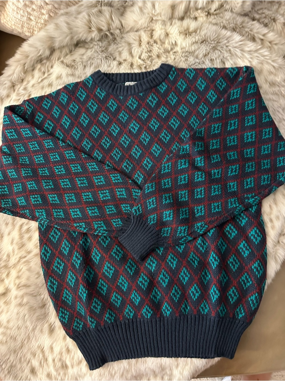 Women's VINTAGE Teal & Navy Diamond-Pattern Crewneck Sweater